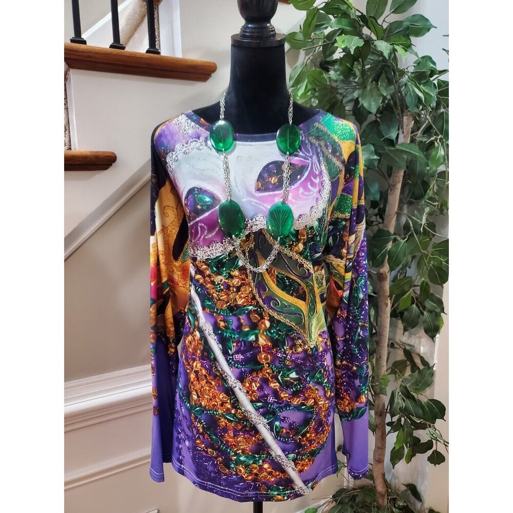 Womens Multicolor Geomatric Long Sleeve Round Neck Casual Top Blouse Size 2XL